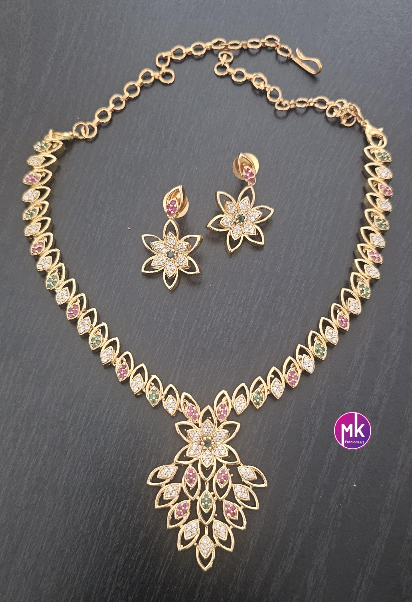 Beautiful flower design AD stone necklace with matching flower Earrings - Mom and Daughter Necklace - Fashion Jewelry - MK Fashionkart