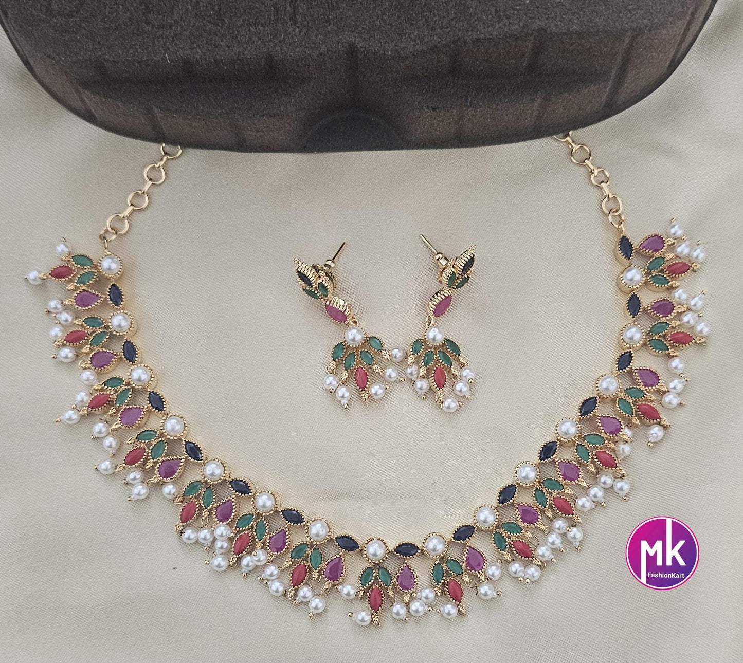 Beautiful Flower design AD stone Multi-color stone Bridal necklace with hanging pearls matching Earrings - Fashion Jewelry - MK Fashionkart