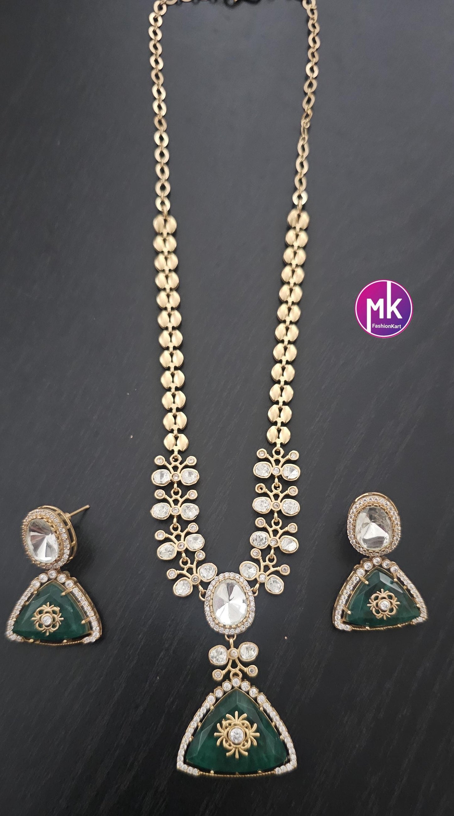 Celebrity Style Emerald Moissanite stone Premium antique gold finish necklace w matching Earrings - Fashion Jewelry - MK Fashionkart