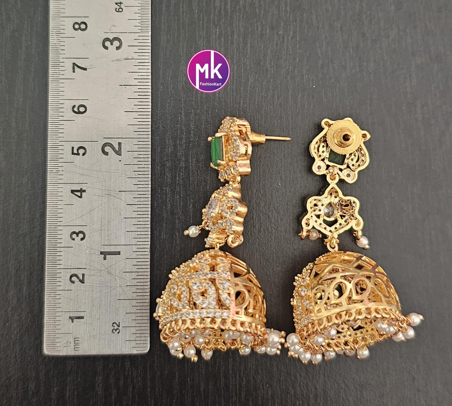 Premium Quality Gold finish long Jhumka with hangings pearls - Wedding Jhumka - Bridal Jhumka - MK Fashionkart - Fashion Jewelry