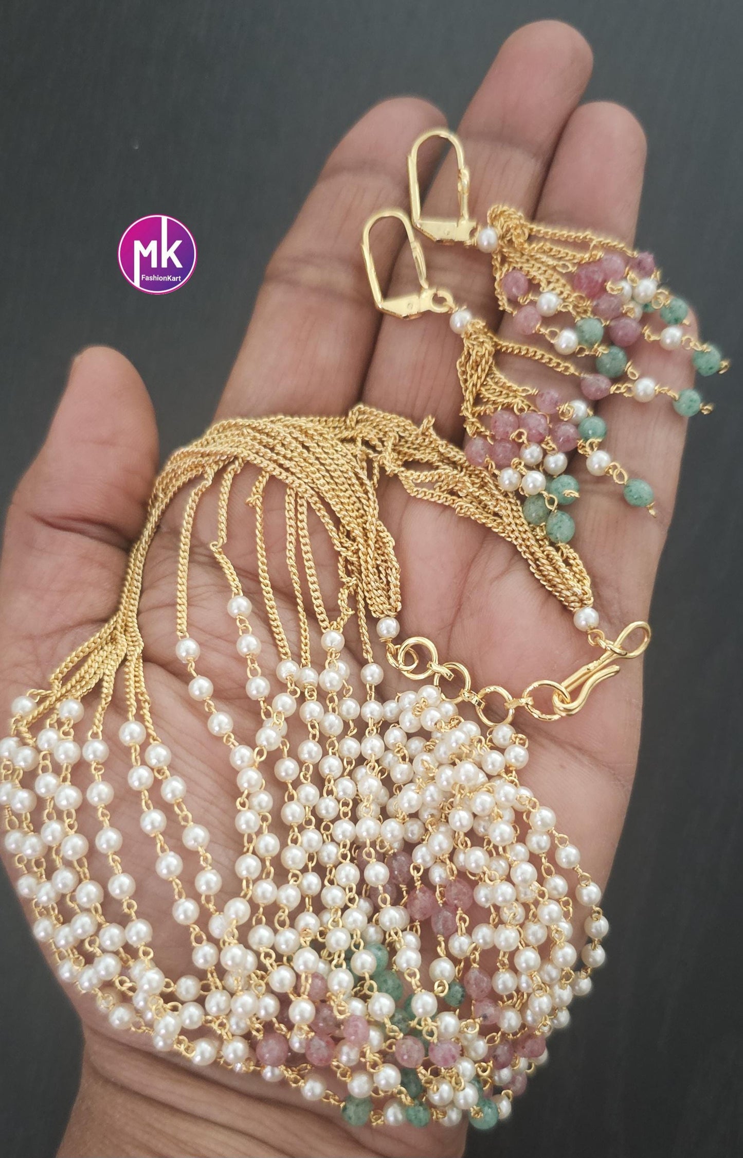 Beautiful trending gold finish multi-layer pearl mala with cute matching earrings - Fashion Jewelry - MK Fashionkart