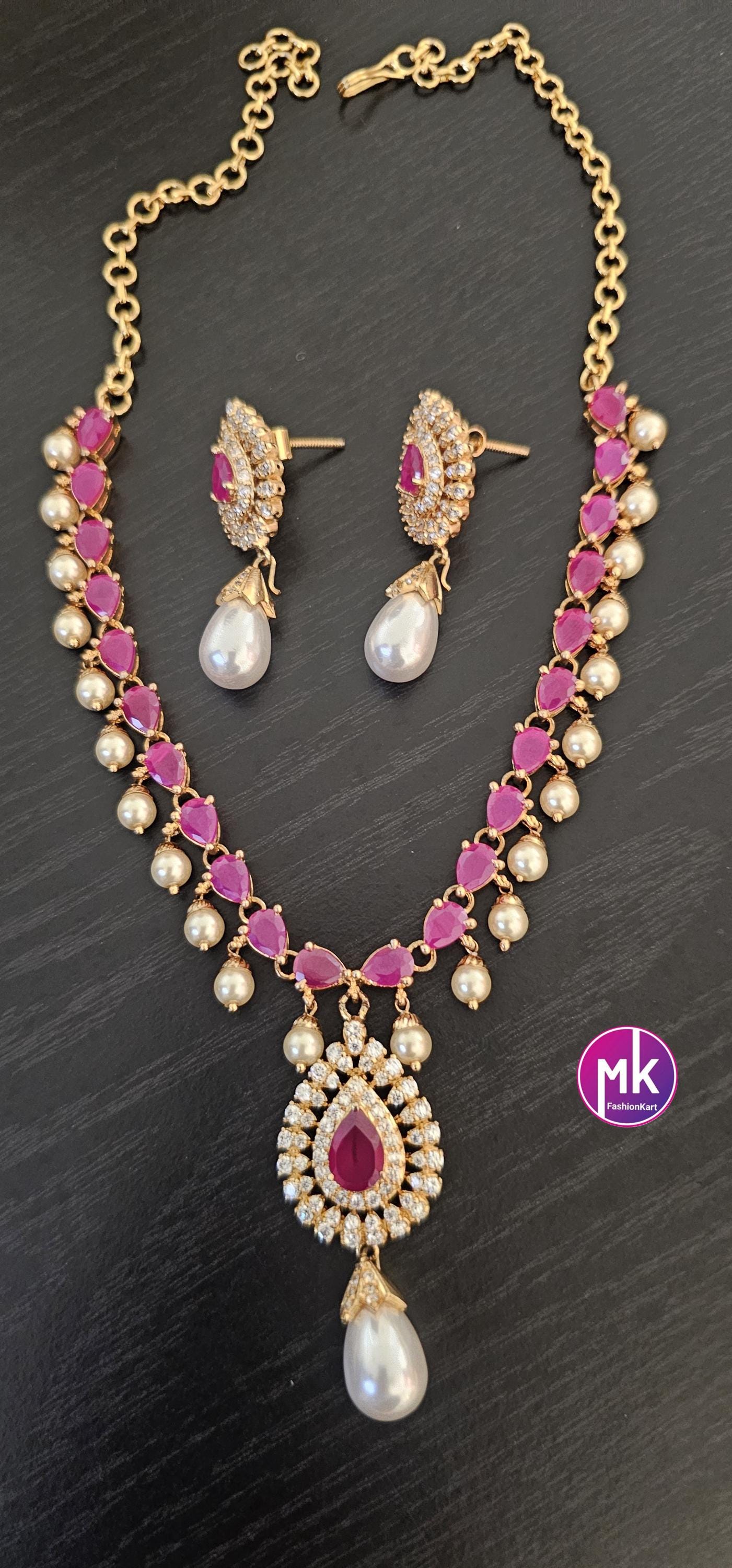 Premium gold finish AD Ruby stone necklace w matching Earrings hanging hyderabad pearl - Mom and Daughter - Fashion Jewelry - MK Fashionkart