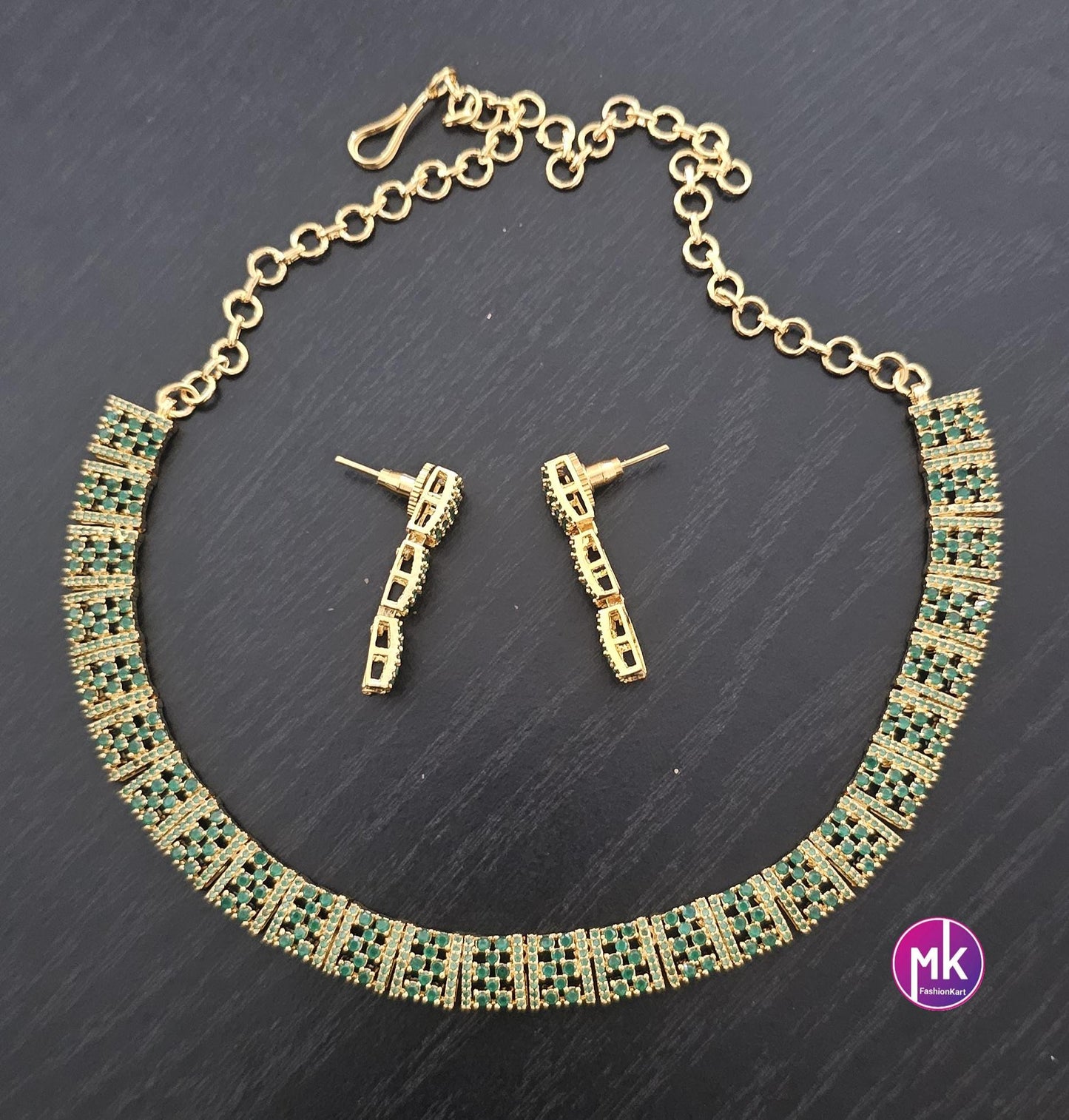 Emerald AD Stone Premium gold finish necklace with matching Earrings - Mom and Daughter - Fashion Jewelry - MK Fashionkart