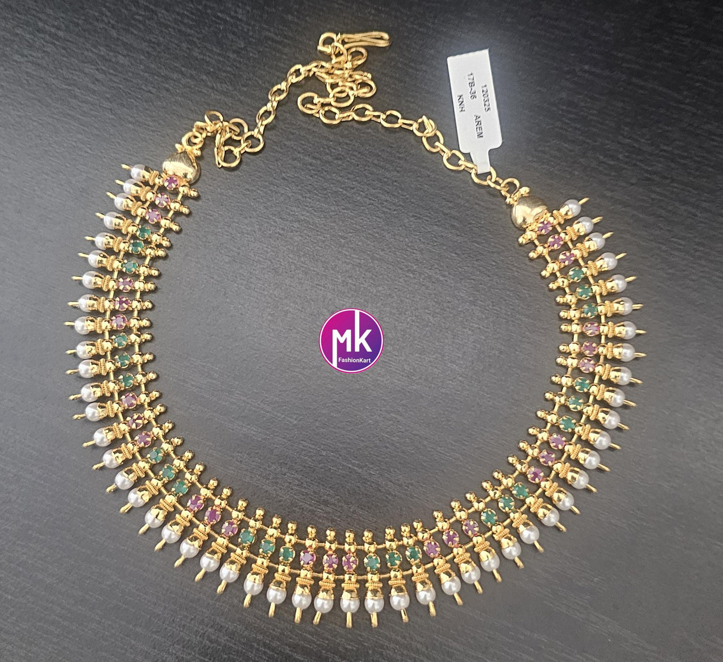 Traditional Indian Jewelry - Gold finish AD stone and pearl necklace - Adult cum Teen Necklace - Wedding Necklace - MK Fashionkart