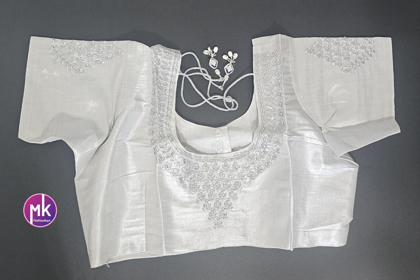Silver Color Readymade Saree Blouse - Silk with Embroidery blouse - Size 44 - Saree/Lehenga Blouse - MK Fashionkart