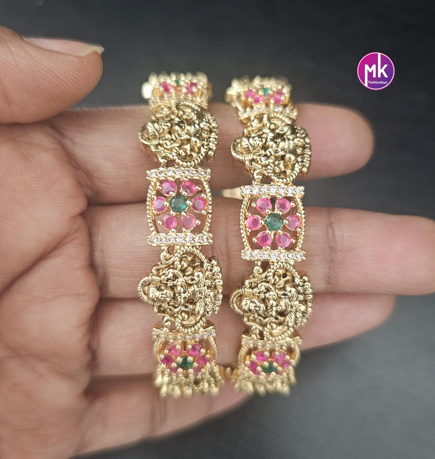 Premium Lakshmi AD and CZ Stone Matte gold finish flower type bangles - Set of 2 bangles - Size 2.6 - Fashion Jewelry - MK Fashionkart