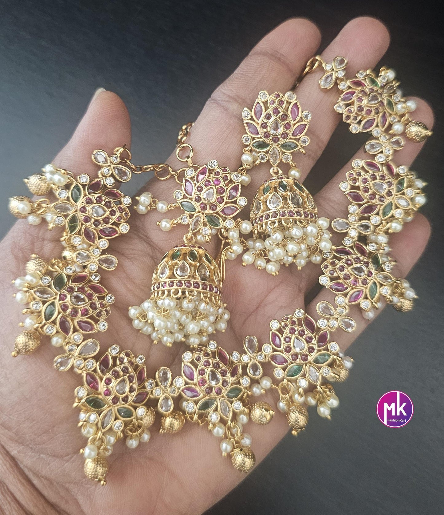 Premium Quality Matte gold finish beautiful lotus design Kemp stone Necklace with matching Jhumkas - MK Fashionkart - Fashion Jewelry