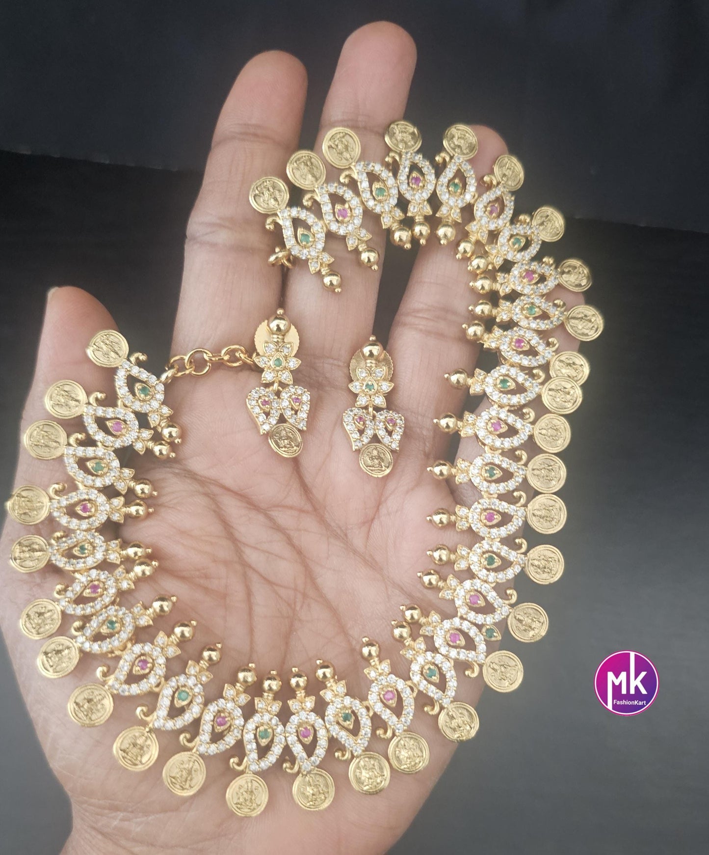 Lakshmi Mango design Premium Quality AD/CZ Stone Matte finish Necklace with Beautiful Earrings - MK Fashionkart - Fashion Jewelry