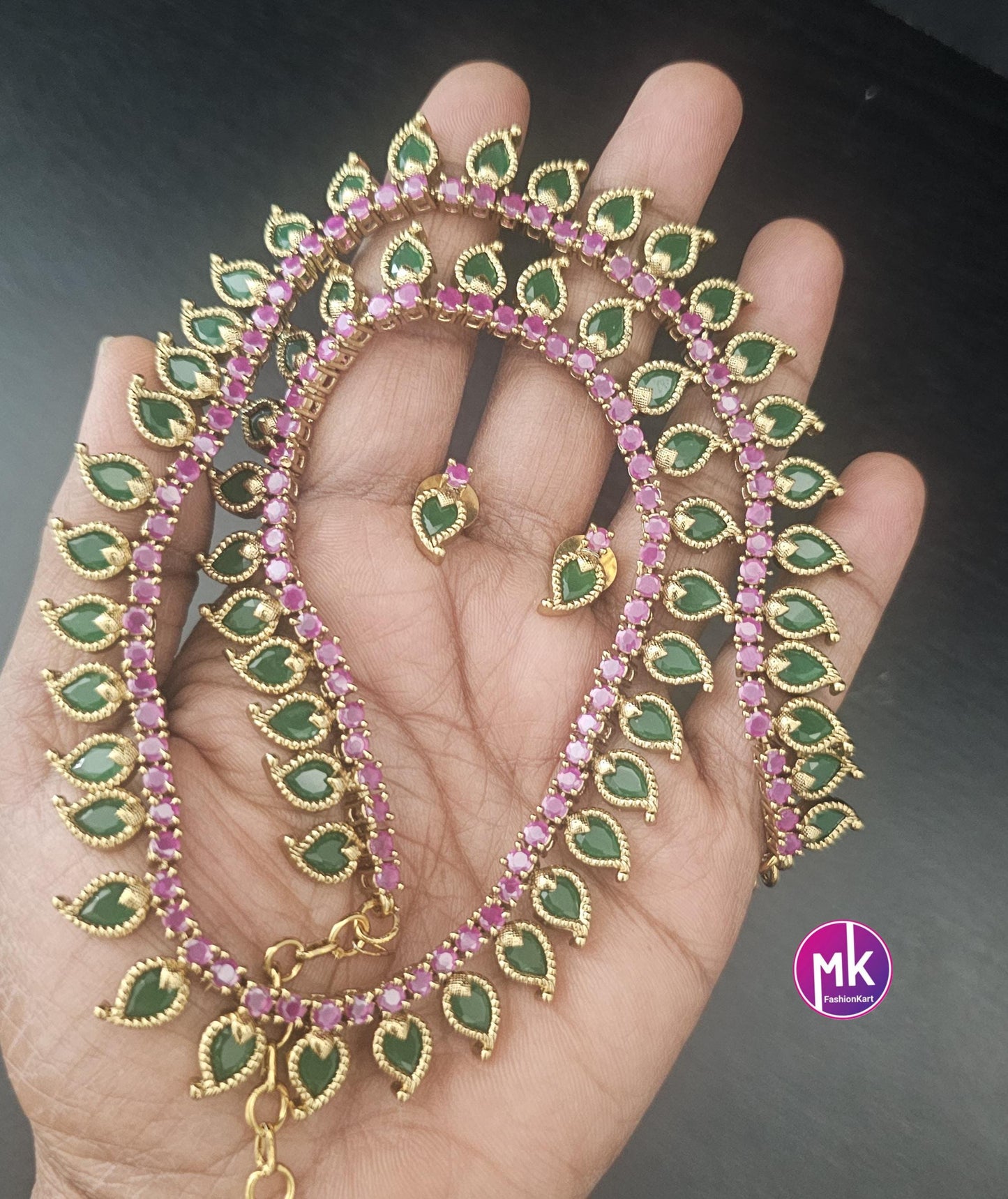 Traditional Kerala style Matte gold finish Haram with matching cute Earrings - Wedding/Partywear Haram - Fashion Jewelry - MK Fashionkart