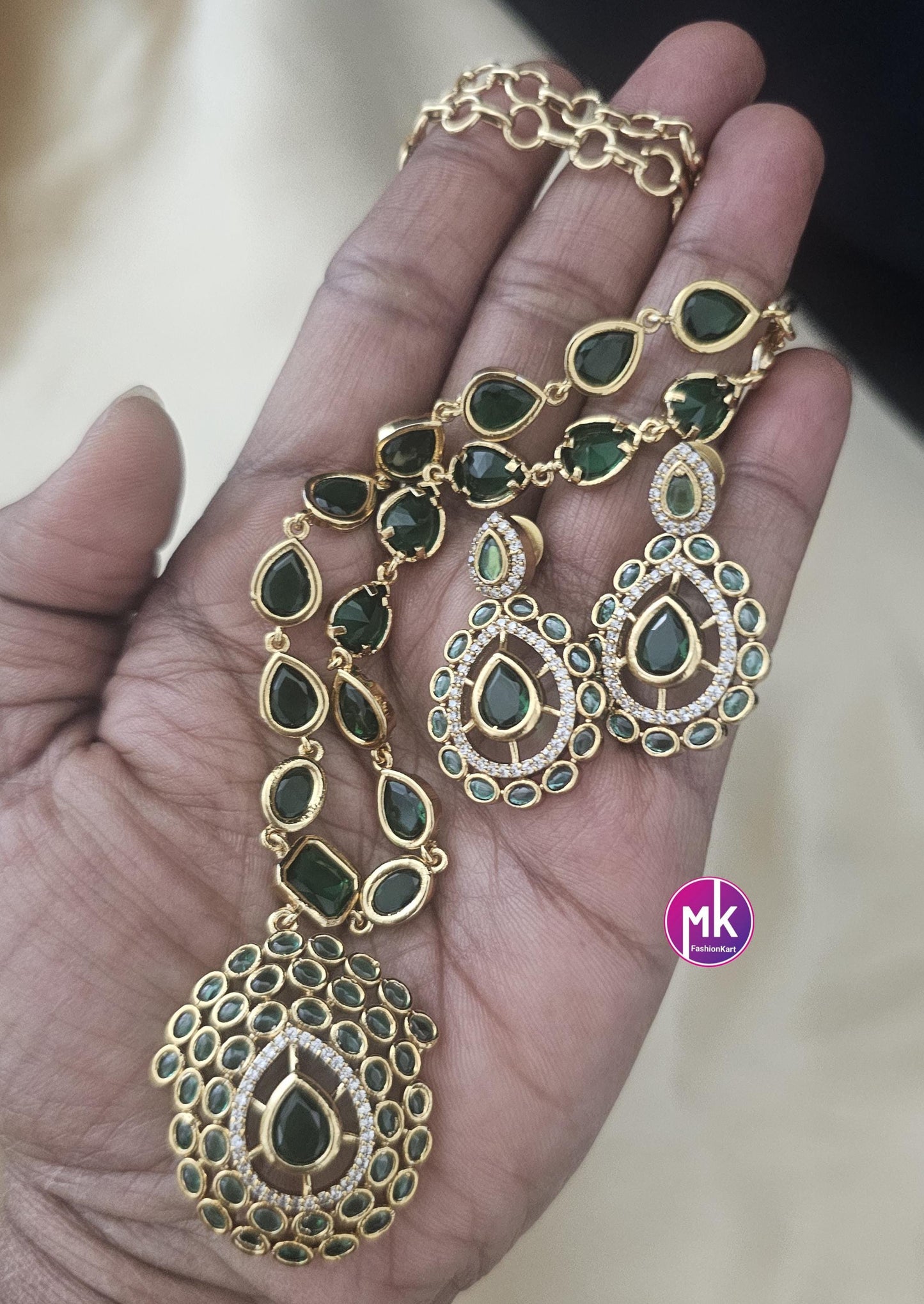 Jyothika Inspired design Emerald AD Stone Gold finish necklace w matching Earrings - Bridal Necklace - Fashion Jewelry - MK Fashionkart
