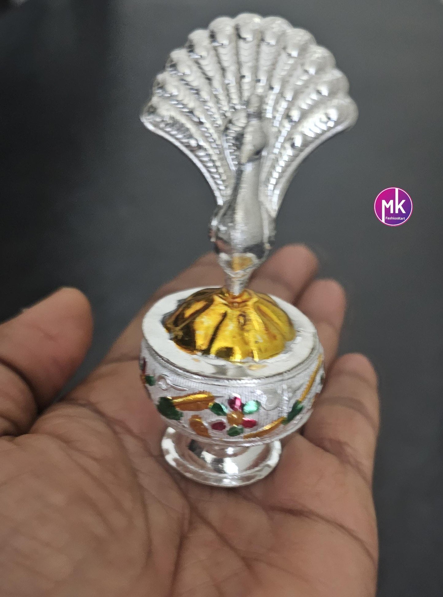 Peacock design German Silver Meenakari work Kumkum holder for House Warming Gift, Pooja return gift, Kumkum Barani - MK Fashionkart