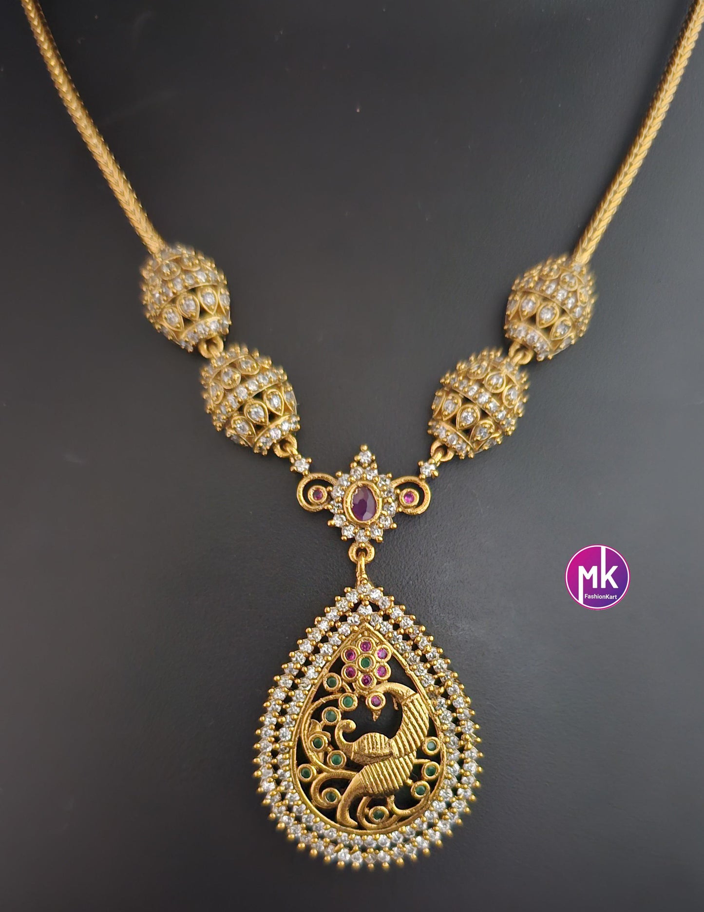 Peacock Premium Matte gold finish AD stone necklace with matching Big Earrings - Traditional Jewelry - Mk Fashionkart