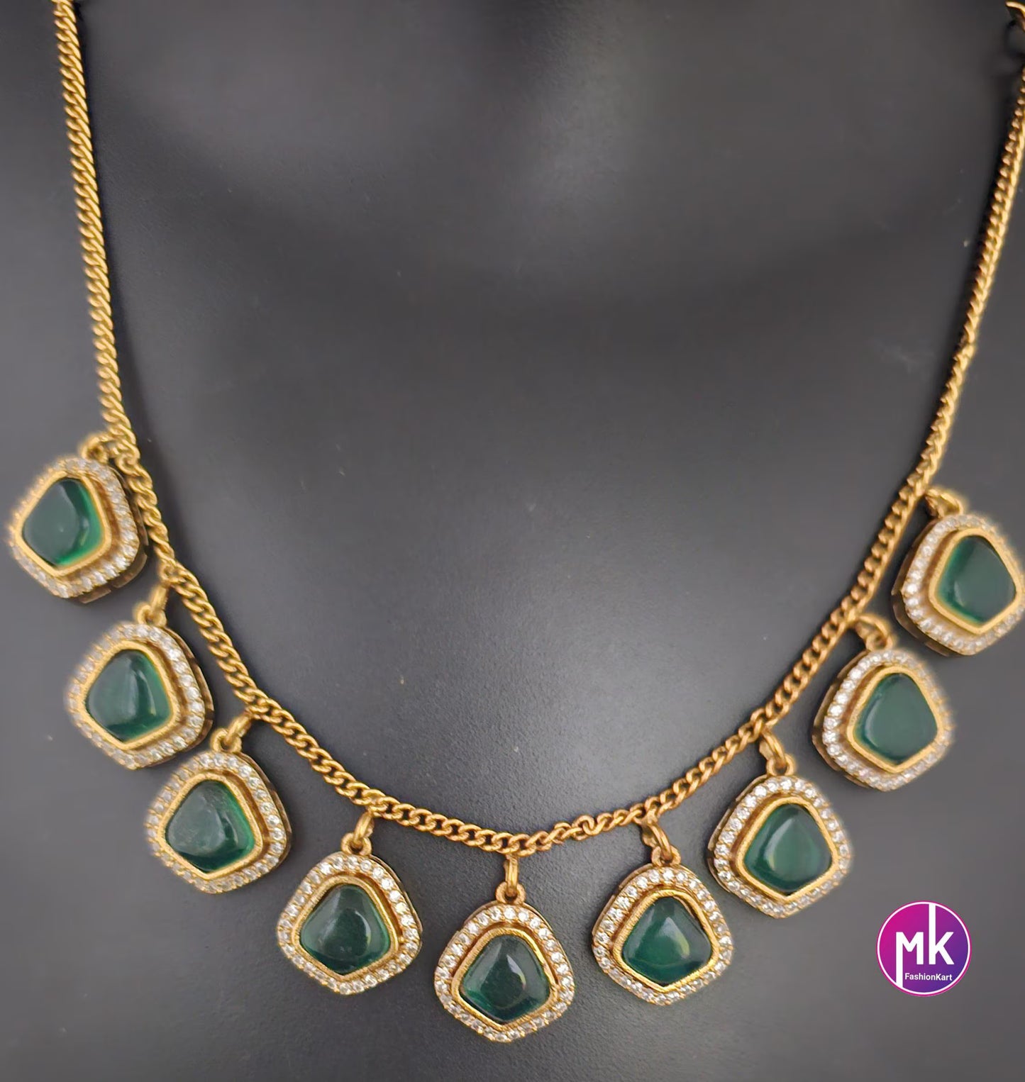 Gold finish Simple partywear AD and CZ stone necklace with matching Earrings - Adult cum Teen Necklace - Fashion Jewelry - MK Fashionkart