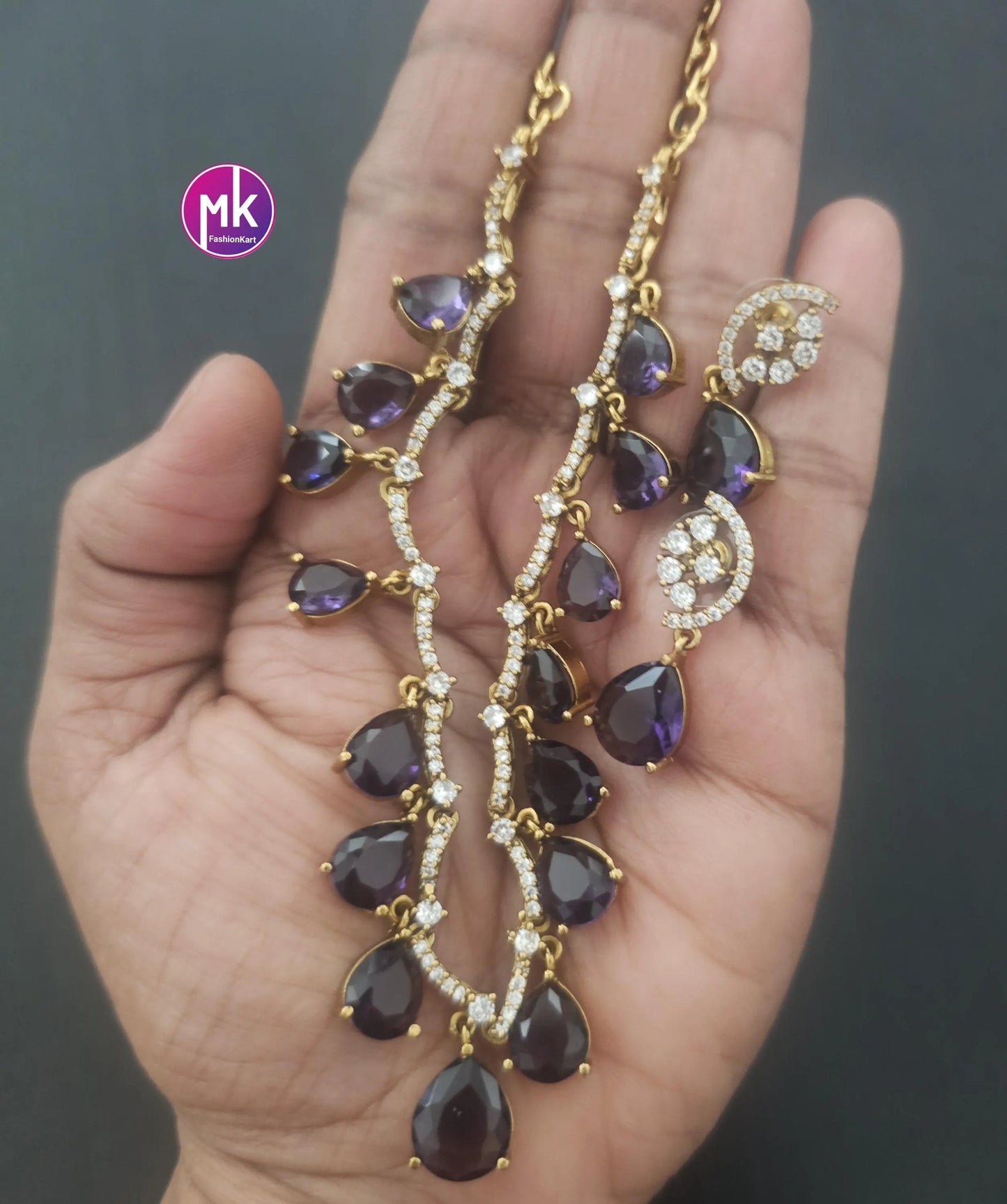 Elegant style beautiful celebrity style AD and CZ stone necklace with matching Earrings - Adult cum Teen Necklace - MK Fashionkart