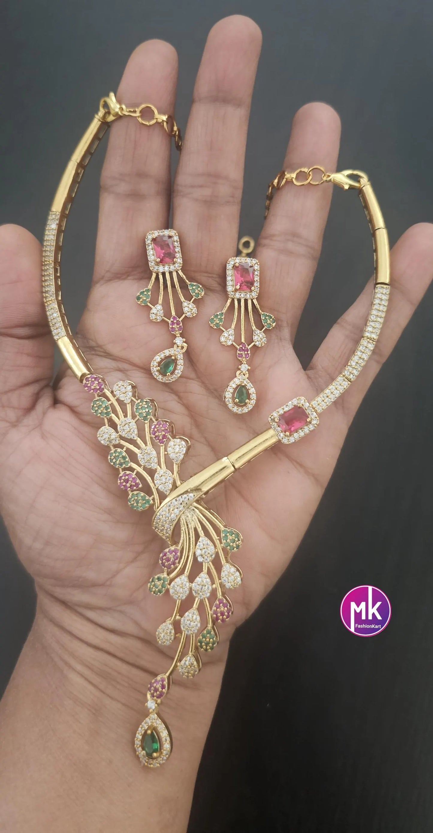 Stunning collection of peacock feather design Hasli AD stone necklace with matching Earrings - Fashion Jewelry - MK Fashionkart