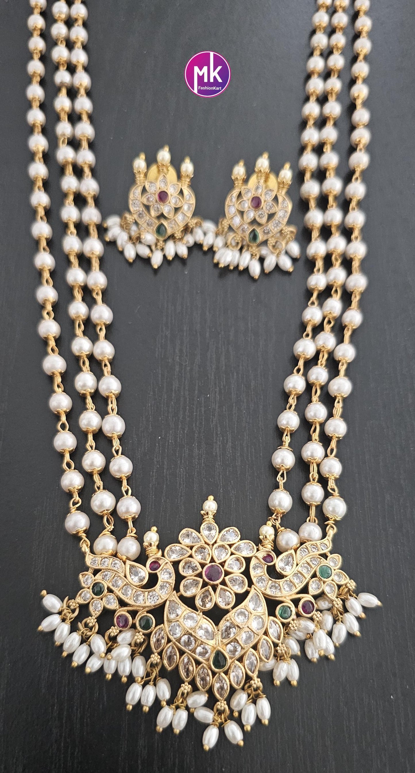 Peacock Flower design Matte gold finish and Kemp stones Pendent with long Mala with matching Earrings - Fashion Jewelry - MK Fashionkart