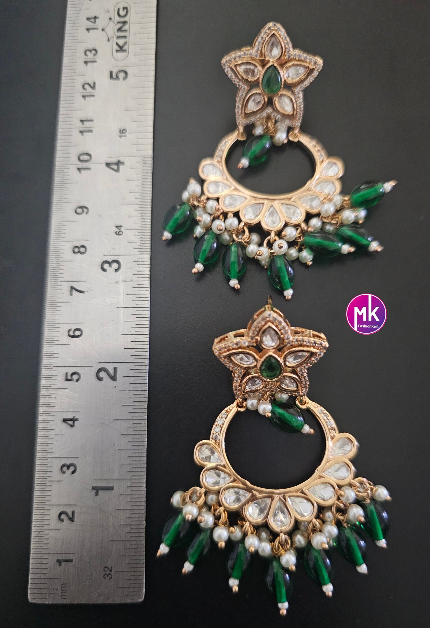 Bollywood Premium Quality Gold polish Kundan Polki Bridal chandbali type Earrings with strawberry bead hangings- MK Fashionkart