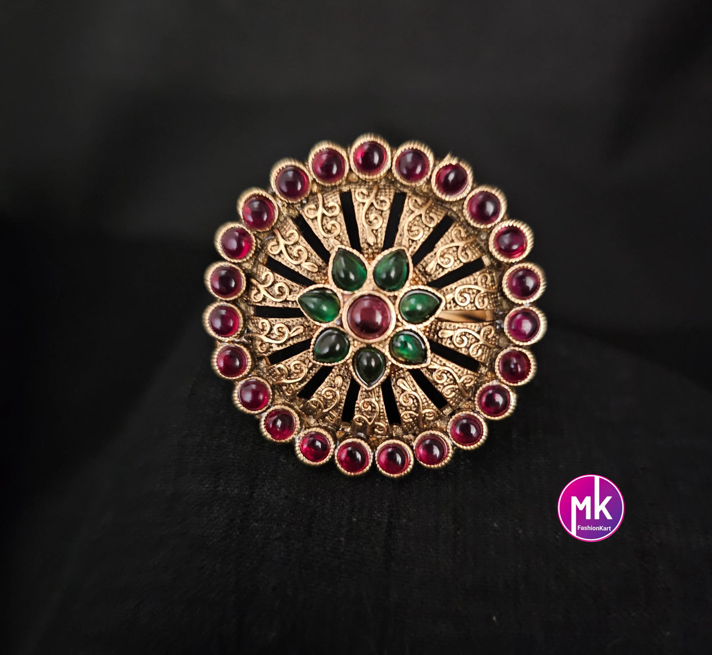Lakshmi Premium Quality Gold finish Kemp stone Finger Ring (Adjustable)/Bollywood Ring -  MK Fashionkart - Indian Fashion Jewelry