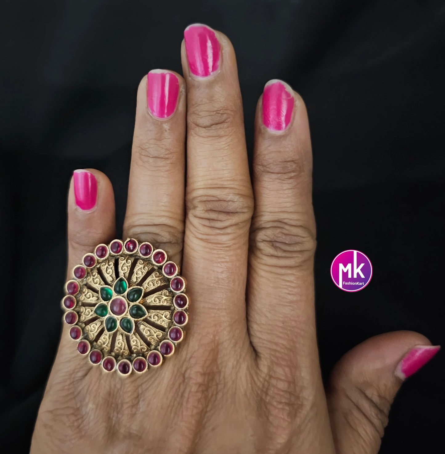 Lakshmi Premium Quality Gold finish Kemp stone Finger Ring (Adjustable)/Bollywood Ring -  MK Fashionkart - Indian Fashion Jewelry