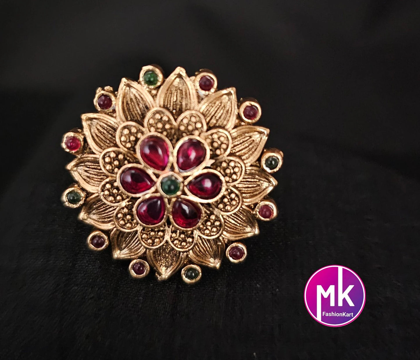 Lakshmi Premium Quality Gold finish Kemp stone Finger Ring (Adjustable)/Bollywood Ring -  MK Fashionkart - Indian Fashion Jewelry
