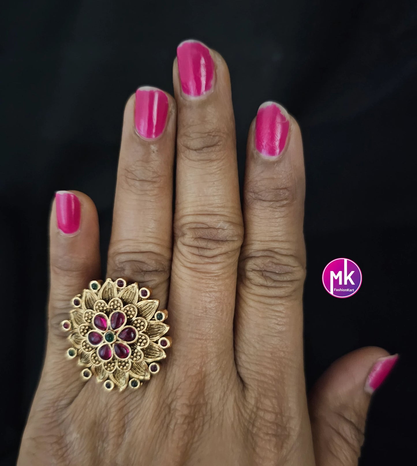 Lakshmi Premium Quality Gold finish Kemp stone Finger Ring (Adjustable)/Bollywood Ring -  MK Fashionkart - Indian Fashion Jewelry