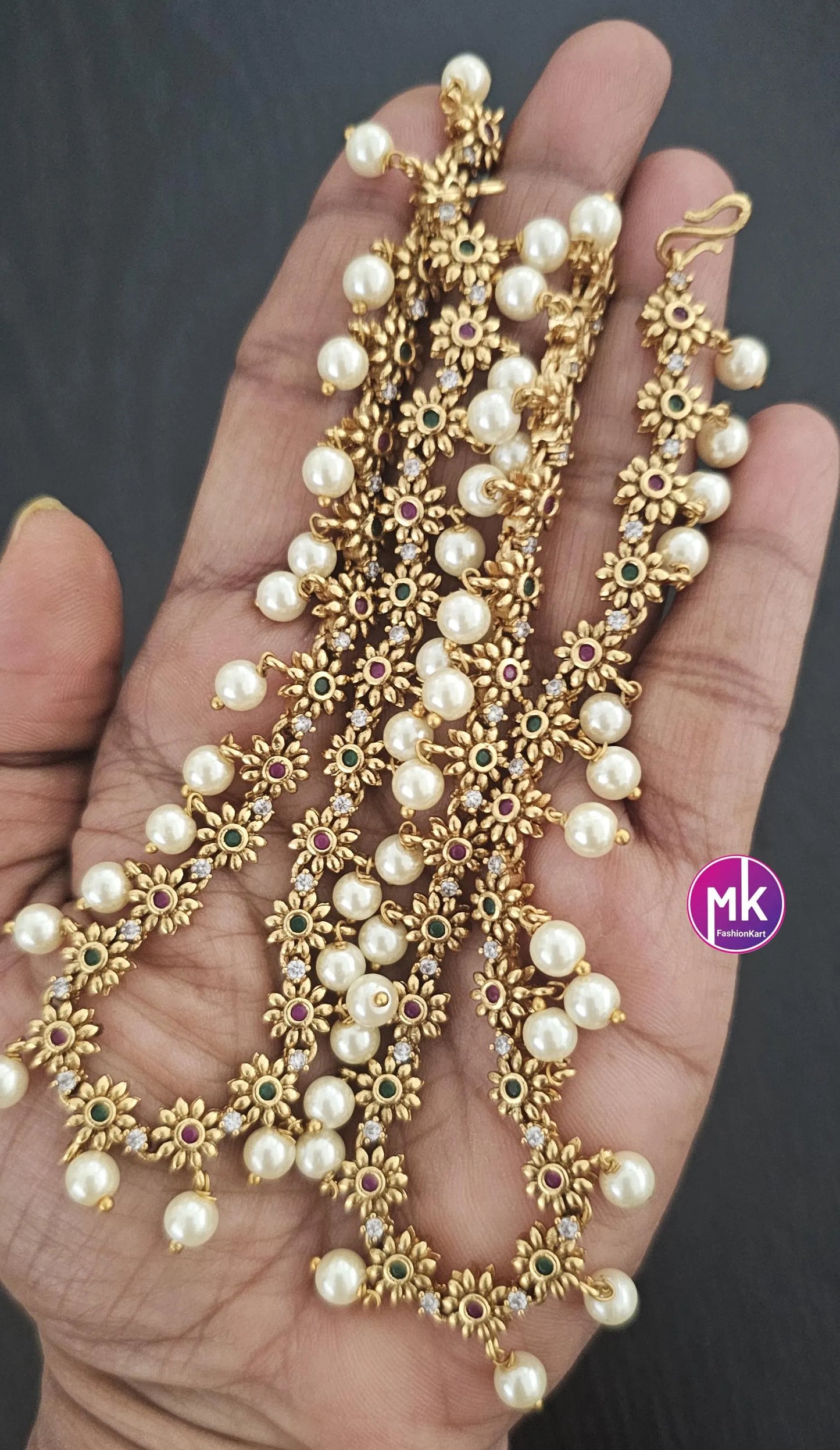 Matte gold finish/Gold finish Premium Quality AD stone Multi-color Anklet/Leg chain/kolusu with hanging pearls - MK Fashionkart