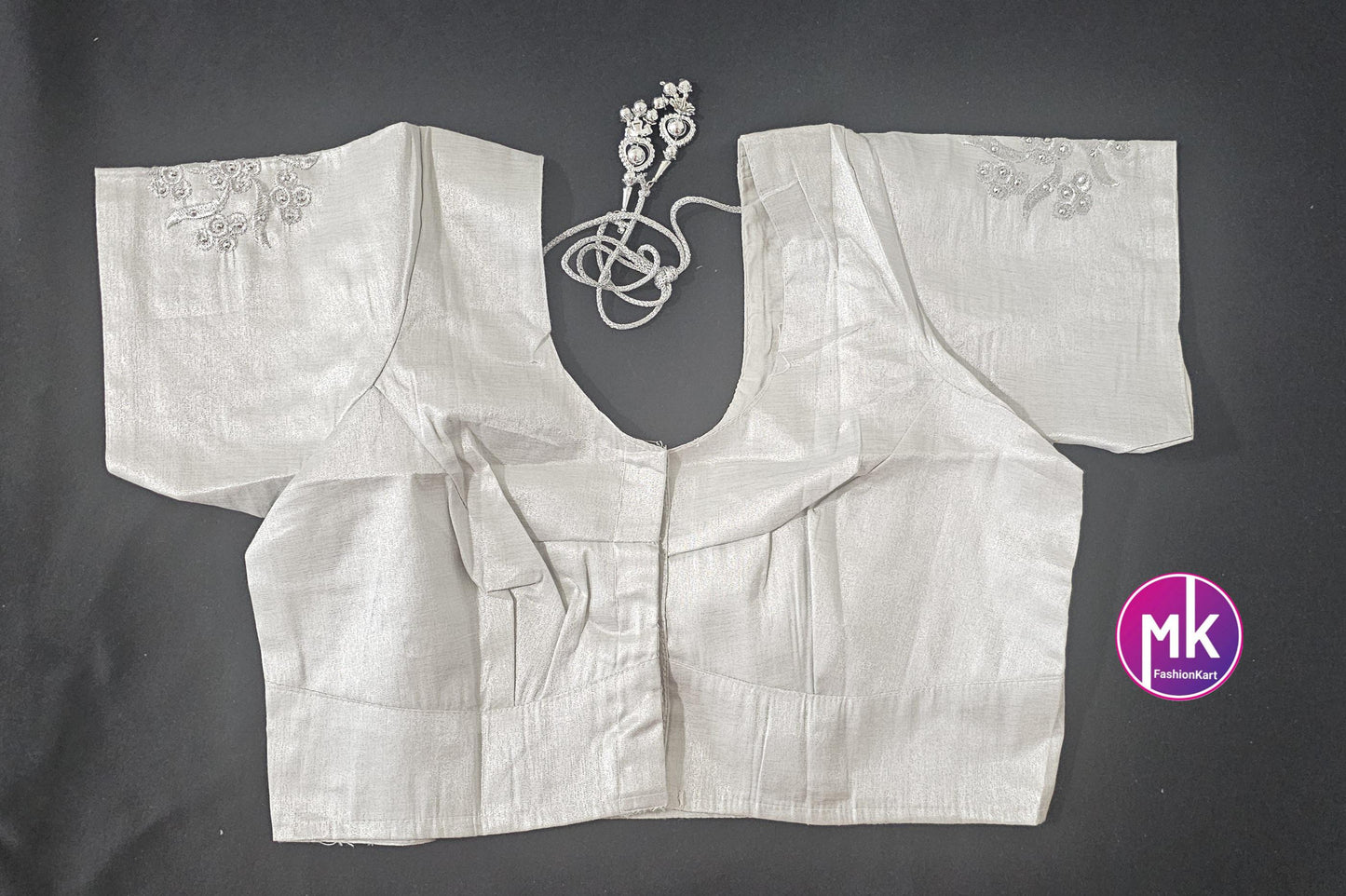 Silver Color Readymade Saree Blouse - Silk with Embroidery blouse - Size 40 - Saree/Lehenga Blouse - MK Fashionkart