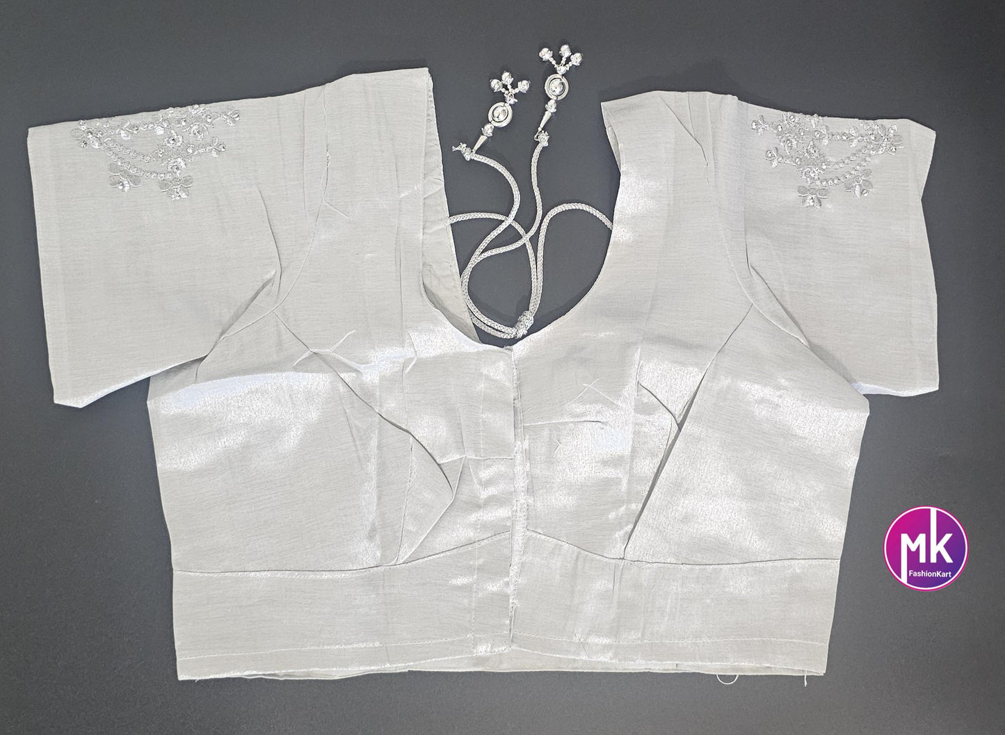 Silver Color Readymade Saree Blouse - Silk with Embroidery blouse - Size 42 - Saree/Lehenga Blouse - MK Fashionkart