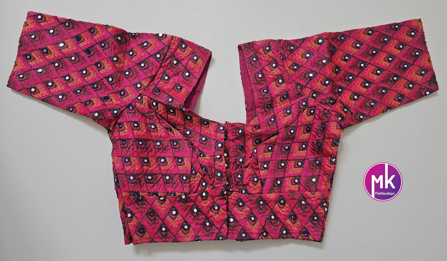 Readymade Saree Blouse - Peacock Feather design Blouse with mirror work - Saree/Lehenga blouse - Size 36", 38", 40" - MK Fashionkart