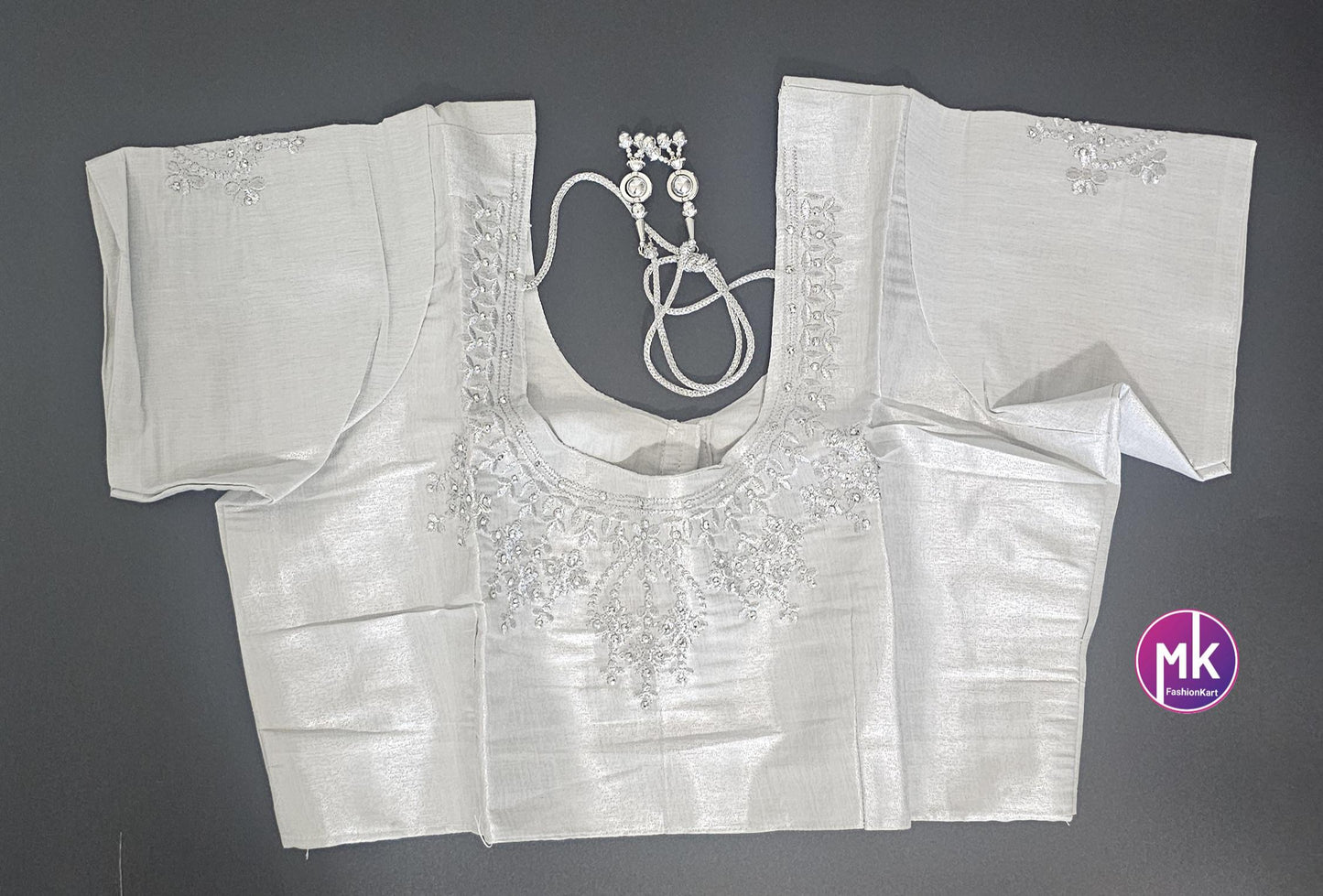 Silver Color Readymade Saree Blouse - Silk with Embroidery blouse - Size 42 - Saree/Lehenga Blouse - MK Fashionkart
