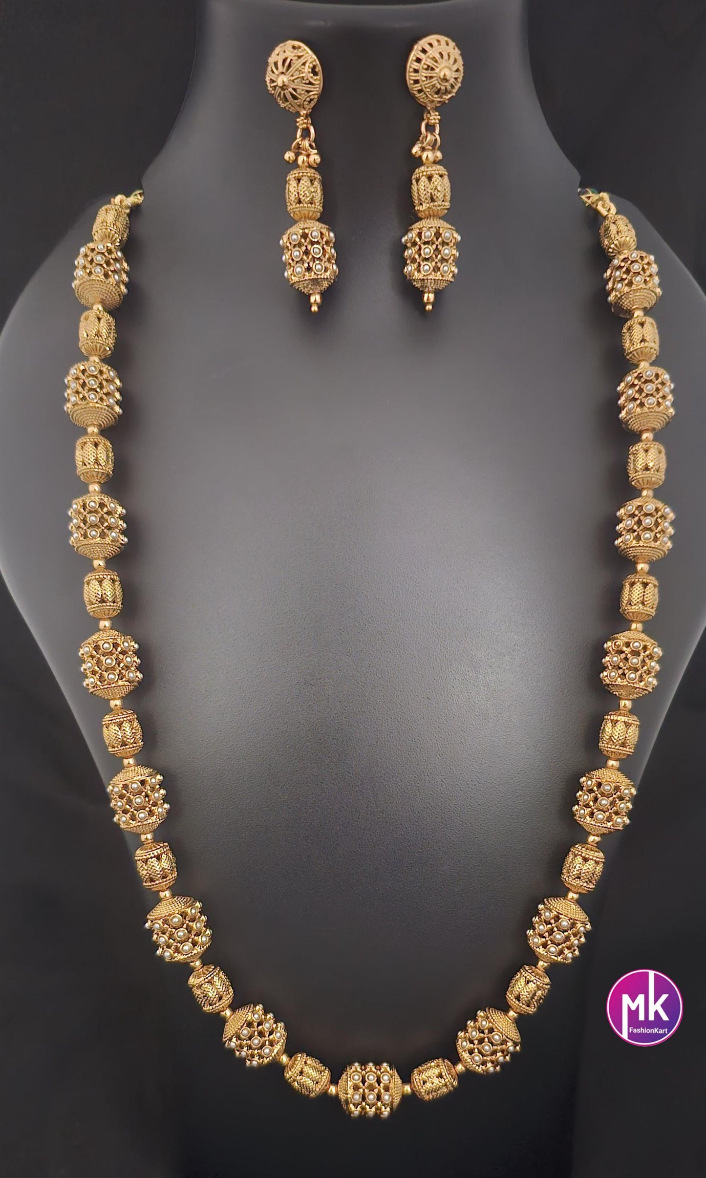 Beautiful contemporary Matte finish bead mala chain with matching Earrings - Fashion Jewelry - Partywear Chain set - MK Fashionkart