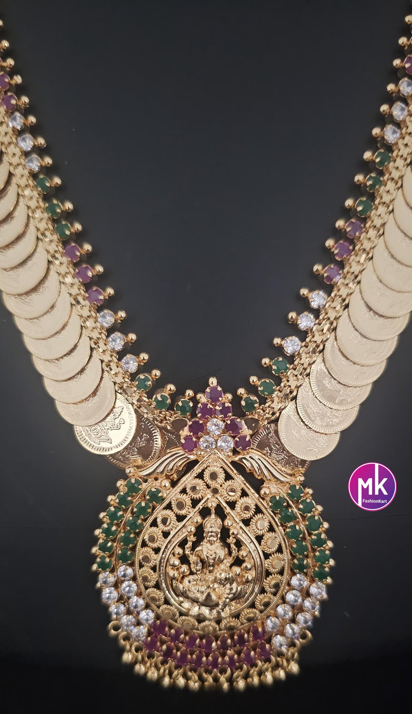 Premium quality Lakshmi Kasu Gold finish Multi-color AD Stone Haram - Gold Haram Replica - Indian Fashion Jewelry - MK Fashionkart