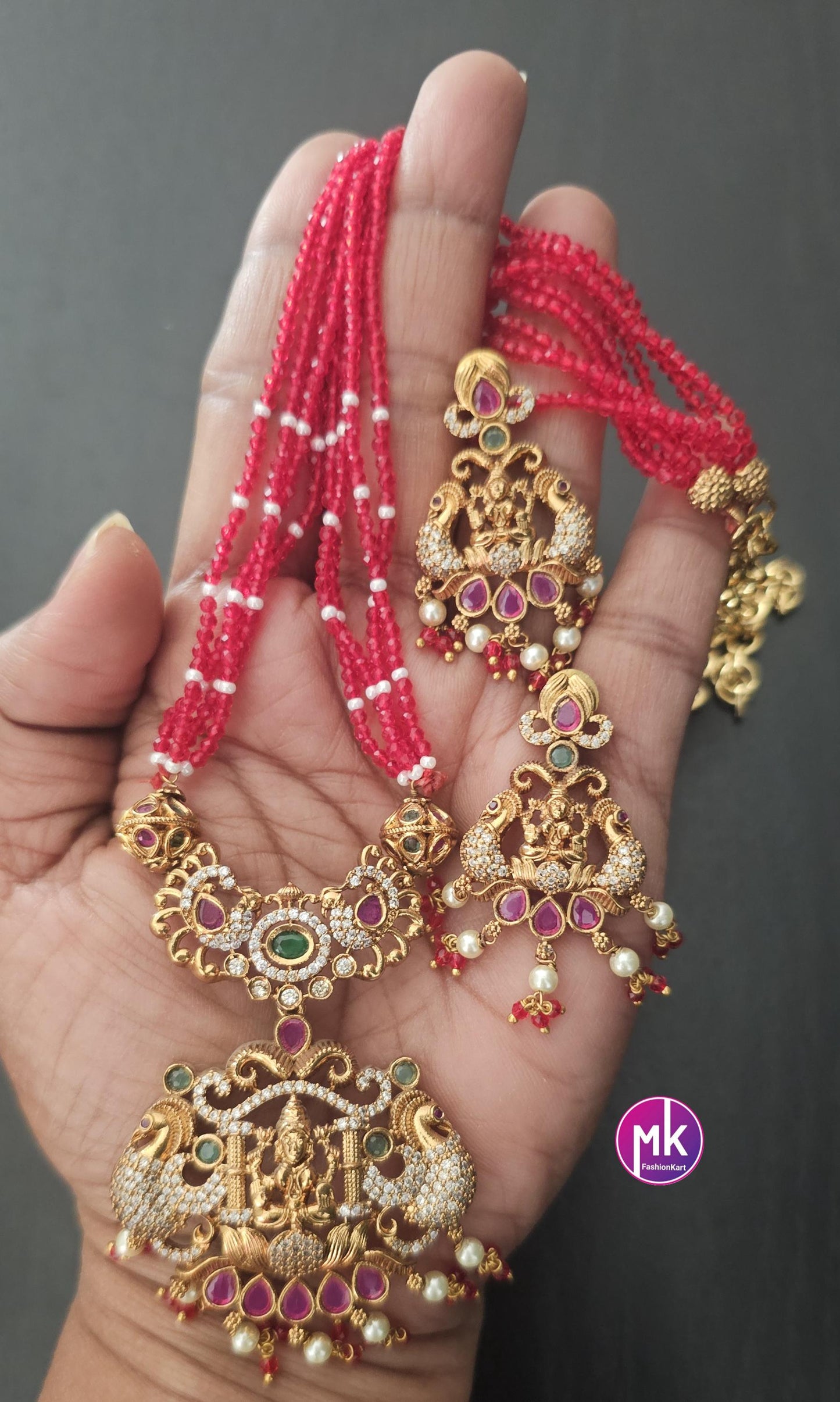 Lakshmi Peacock Premium Quality Pendent with Multi-layer crystals beads long mala with Beautiful Earrings - Bead Necklace - MK Fashionkart