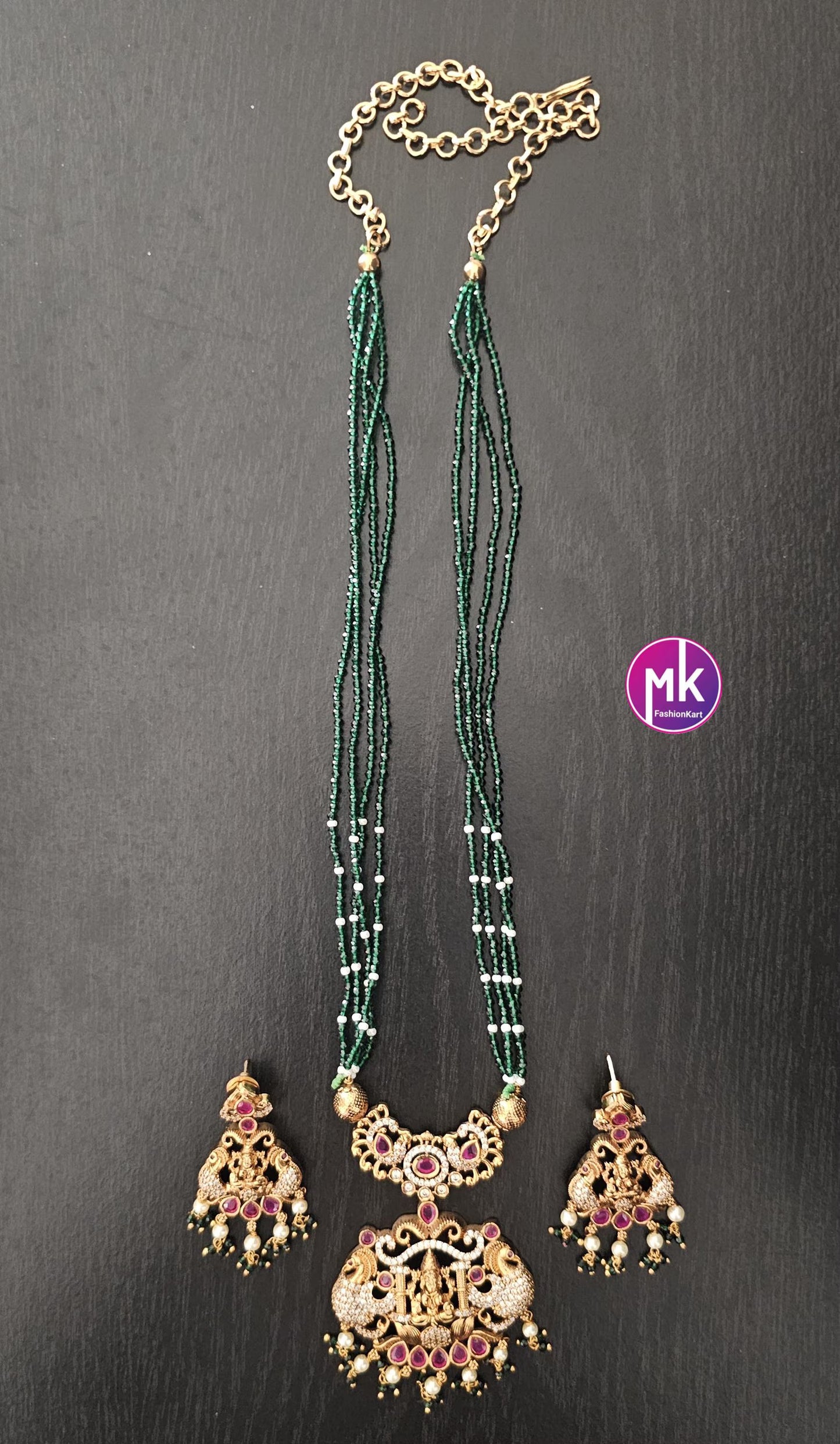Lakshmi Peacock Premium Quality Pendent with Multi-layer crystals beads long mala with Beautiful Earrings - Bead Necklace - MK Fashionkart