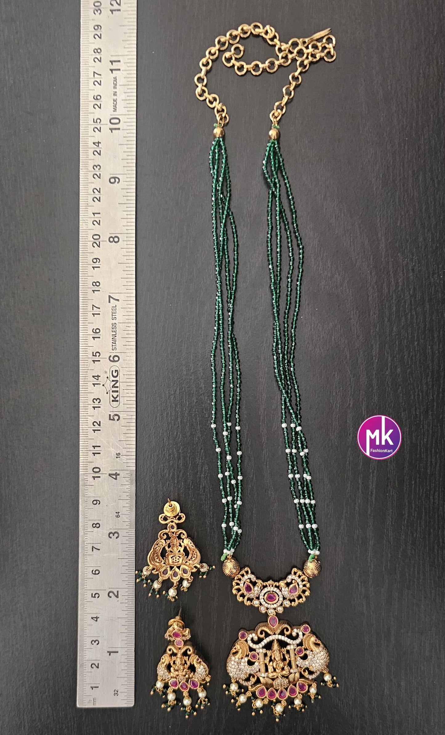 Lakshmi Peacock Premium Quality Pendent with Multi-layer crystals beads long mala with Beautiful Earrings - Bead Necklace - MK Fashionkart