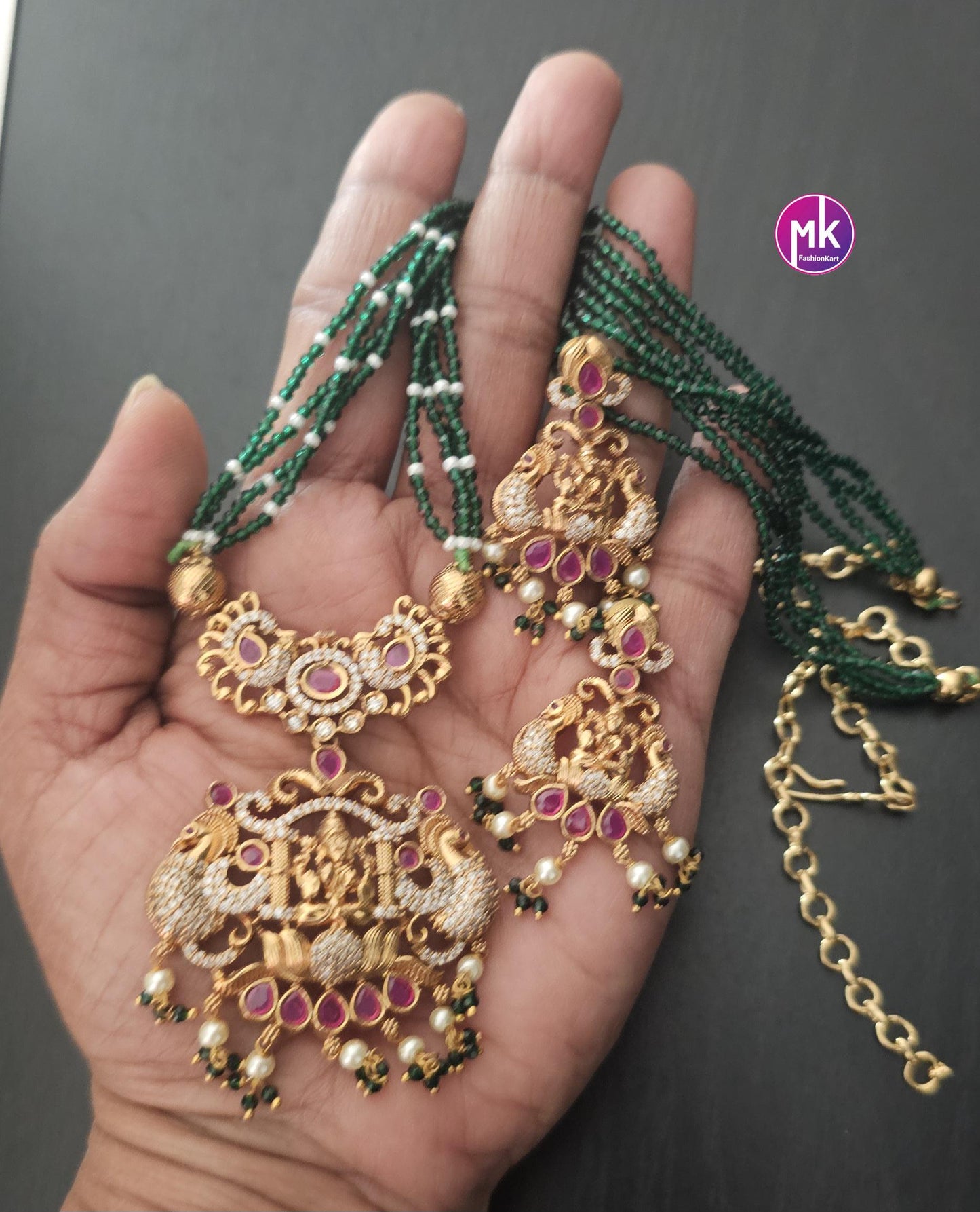 Lakshmi Peacock Premium Quality Pendent with Multi-layer crystals beads long mala with Beautiful Earrings - Bead Necklace - MK Fashionkart