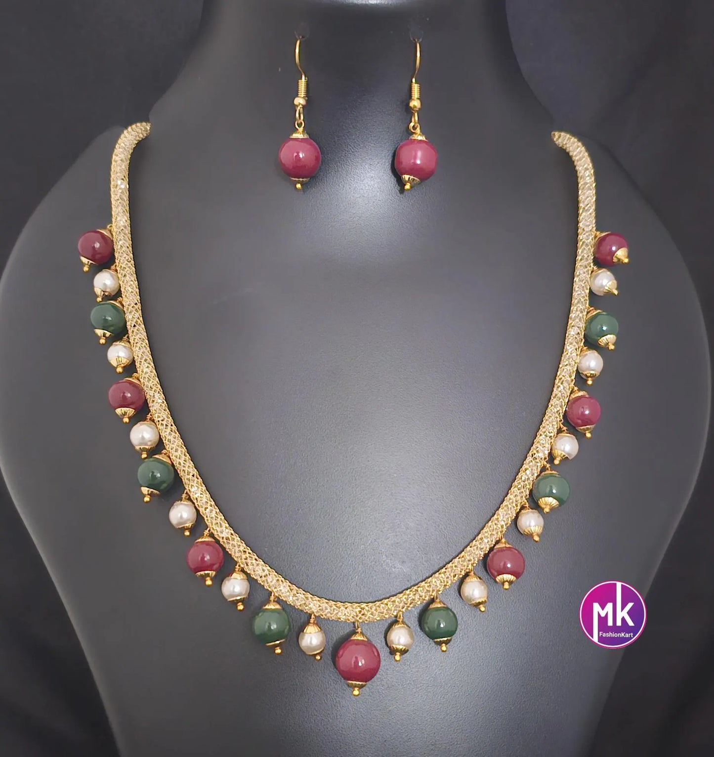 Beautiful pearl with stone chain and matching Earrings for Adult cum Kids Chain - Pearl chain - MK Fashionkart -Fashion Jewelry