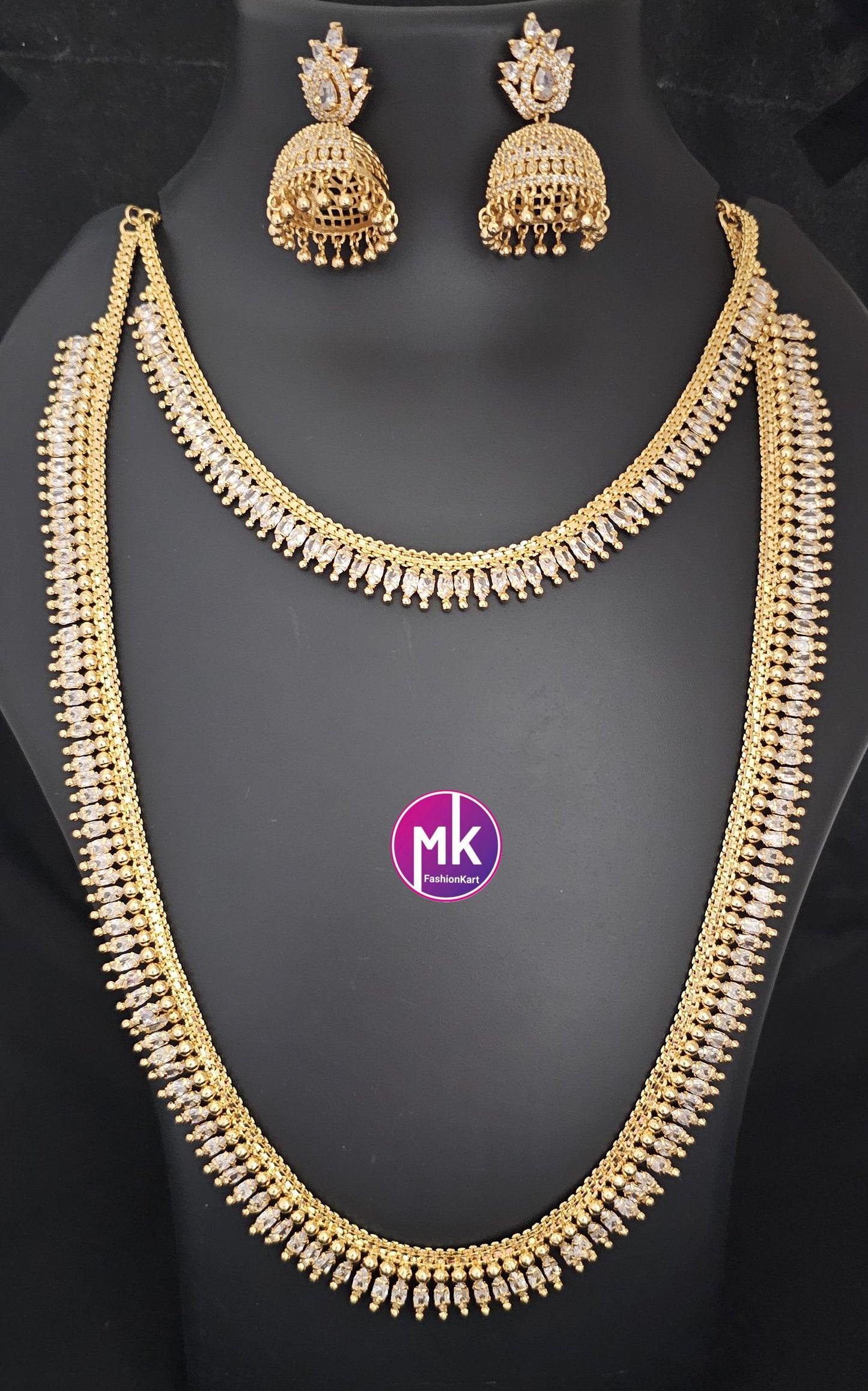Premium quality Combo AD Gold finish long Haram, Necklace with matching Big Jhumka - Gold Jewelry Replica - Bridal Haram - MK Fashionkart