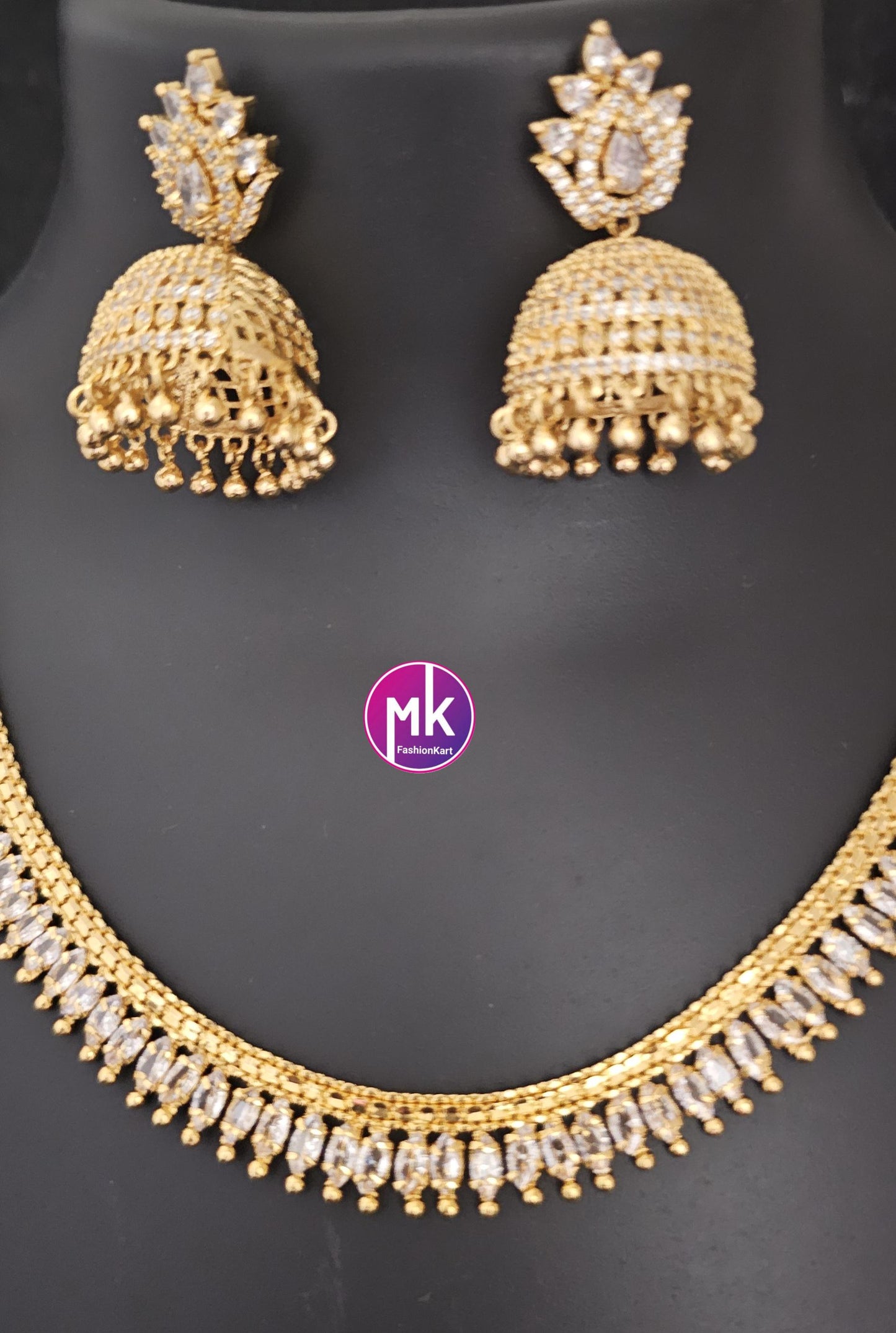 Premium quality Combo AD Gold finish long Haram, Necklace with matching Big Jhumka - Gold Jewelry Replica - Bridal Haram - MK Fashionkart