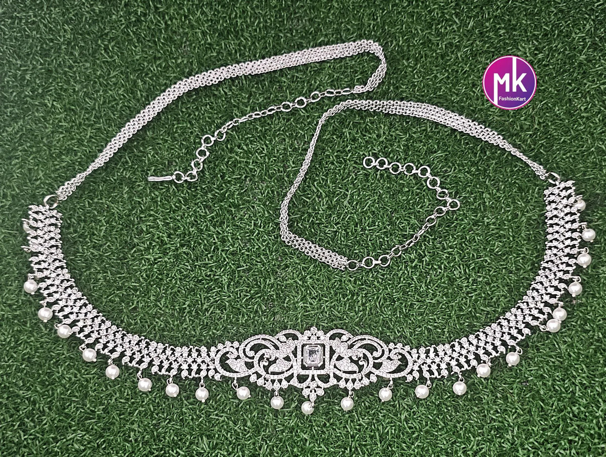 Premium Quality Silver finish AD and CZ Stone Hip Belt - MK Fashionkart -Fashion Jewelry - Indian Jewelry