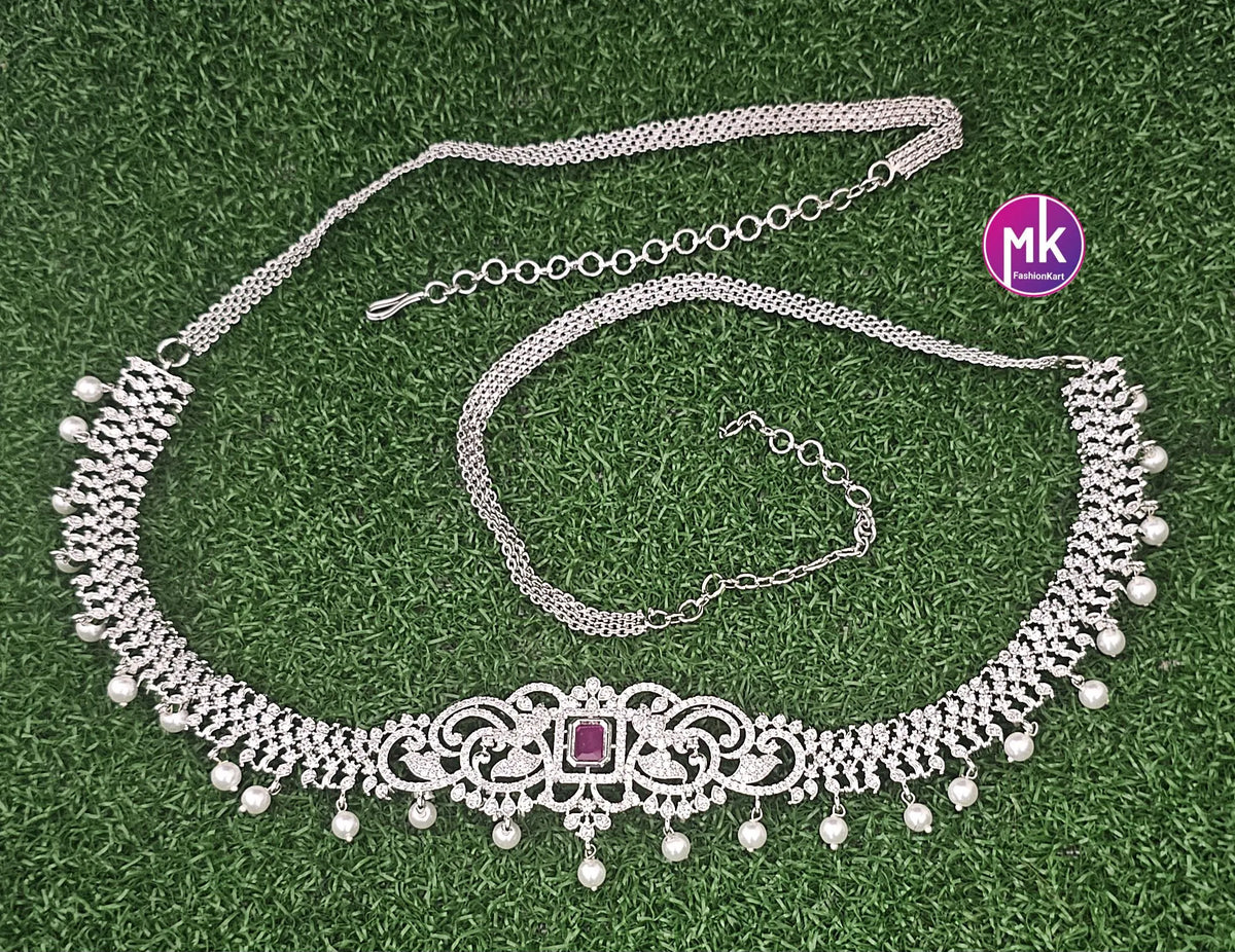 Premium Quality Silver finish AD and CZ Stone Hip Belt - MK Fashionkart -Fashion Jewelry - Indian Jewelry
