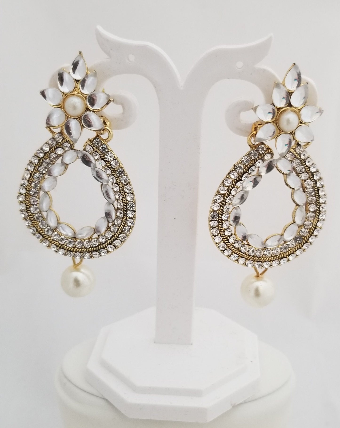 Partywear white Stone with pearl hanging Earrings Jhumki Jhumka for Women and Girls - MK Fashionkart - Indian Fashion Jewelry