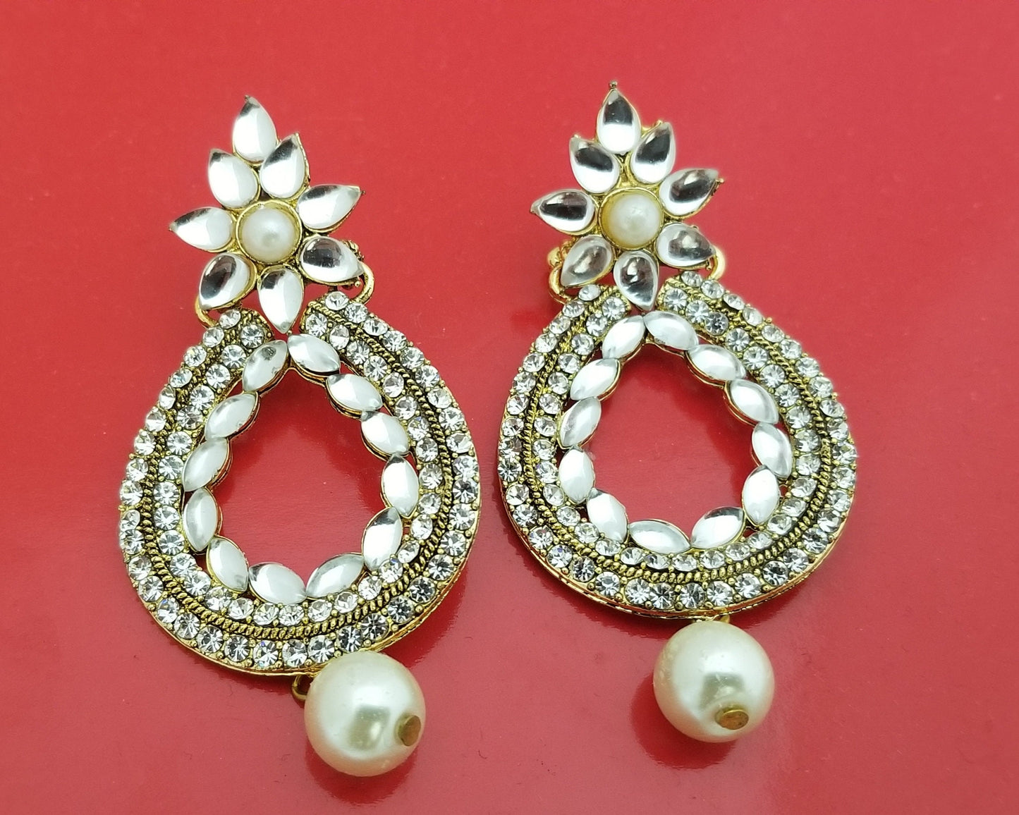 Partywear white Stone with pearl hanging Earrings Jhumki Jhumka for Women and Girls - MK Fashionkart - Indian Fashion Jewelry