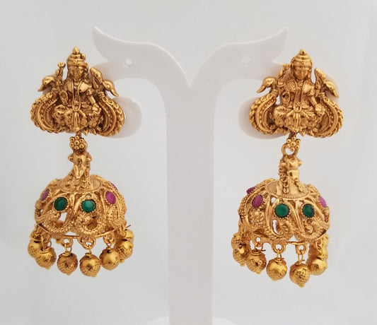 Partywear Antique finish Lakshmi with AD stones Jhumki Jhumka Earrings for Women and Girls - MK Fashionkart - Indian Fashion Jewelry