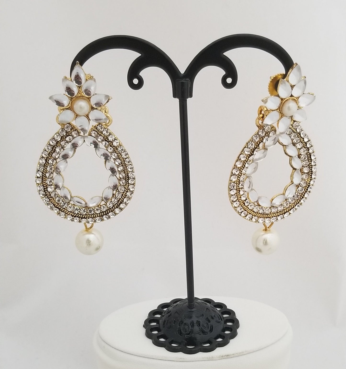Partywear white Stone with pearl hanging Earrings Jhumki Jhumka for Women and Girls - MK Fashionkart - Indian Fashion Jewelry