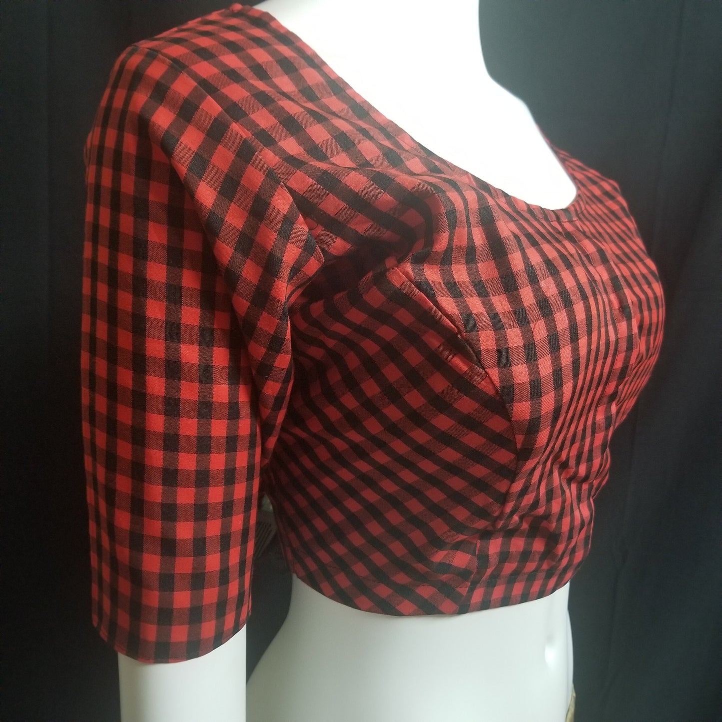 Readymade Saree Blouse - Red with Black checked Blouse - Plus size - Princess cut padded - size 42" (self alter 38" to 46") - MK Fashionkart
