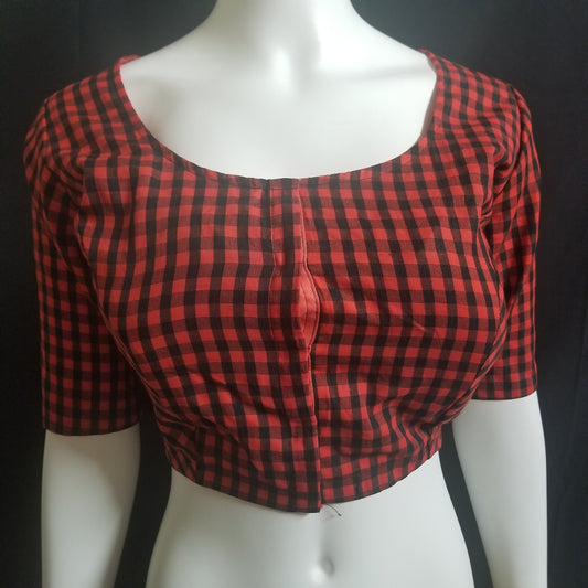 Readymade Saree Blouse - Red with Black checked Blouse - Plus size - Princess cut padded - size 42" (self alter 38" to 46") - MK Fashionkart