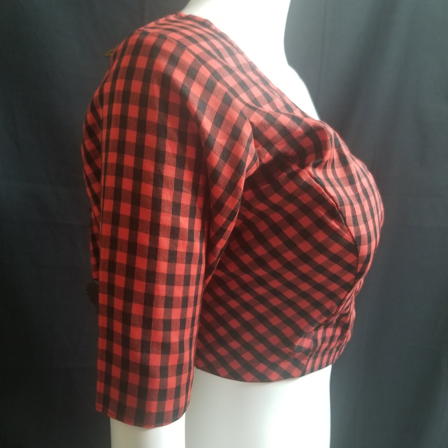 Readymade Saree Blouse - Red with Black checked Blouse - Plus size - Princess cut padded - size 42" (self alter 38" to 46") - MK Fashionkart