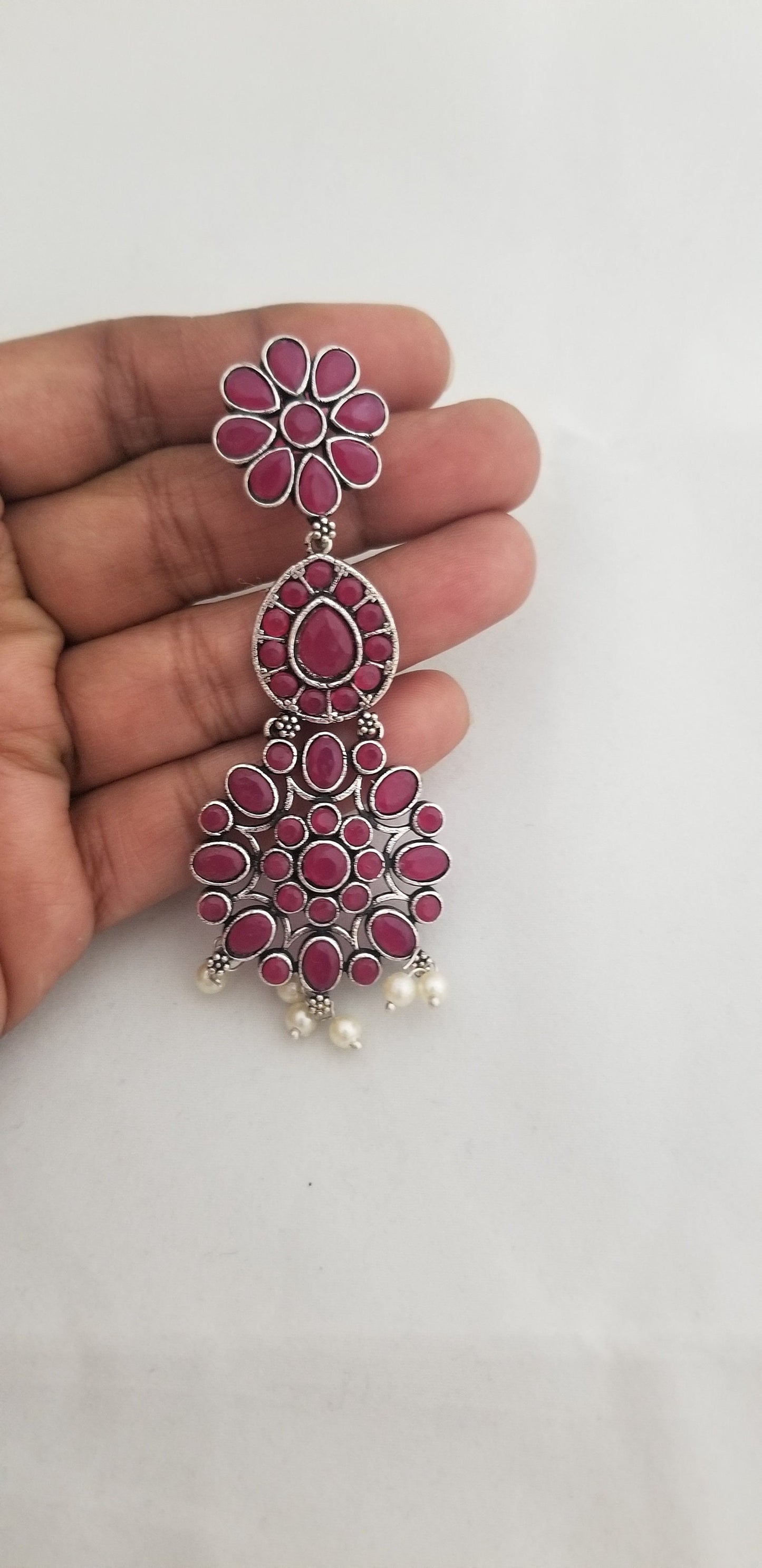 Oxidized Pink stones Earrings Jhumki Jhumka for Women and Girls  - MK Fashionkart - Indian Fashion Jewelry