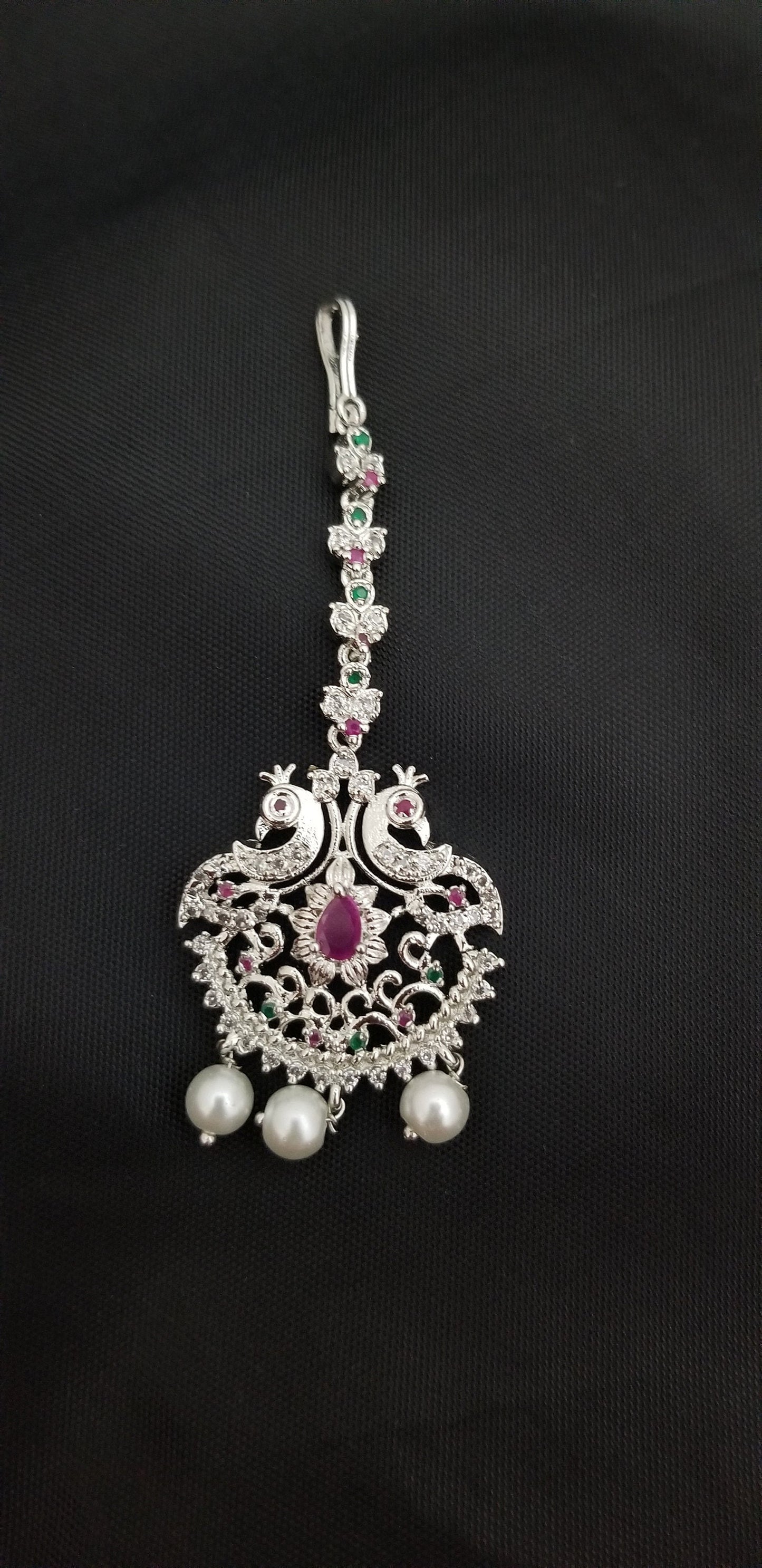 Peacock AD stone with Diamond finish Multi-color with Pearl hangings Tikka/Nethichutti -  MK Fashionkart - Indian Fashion Jewelry